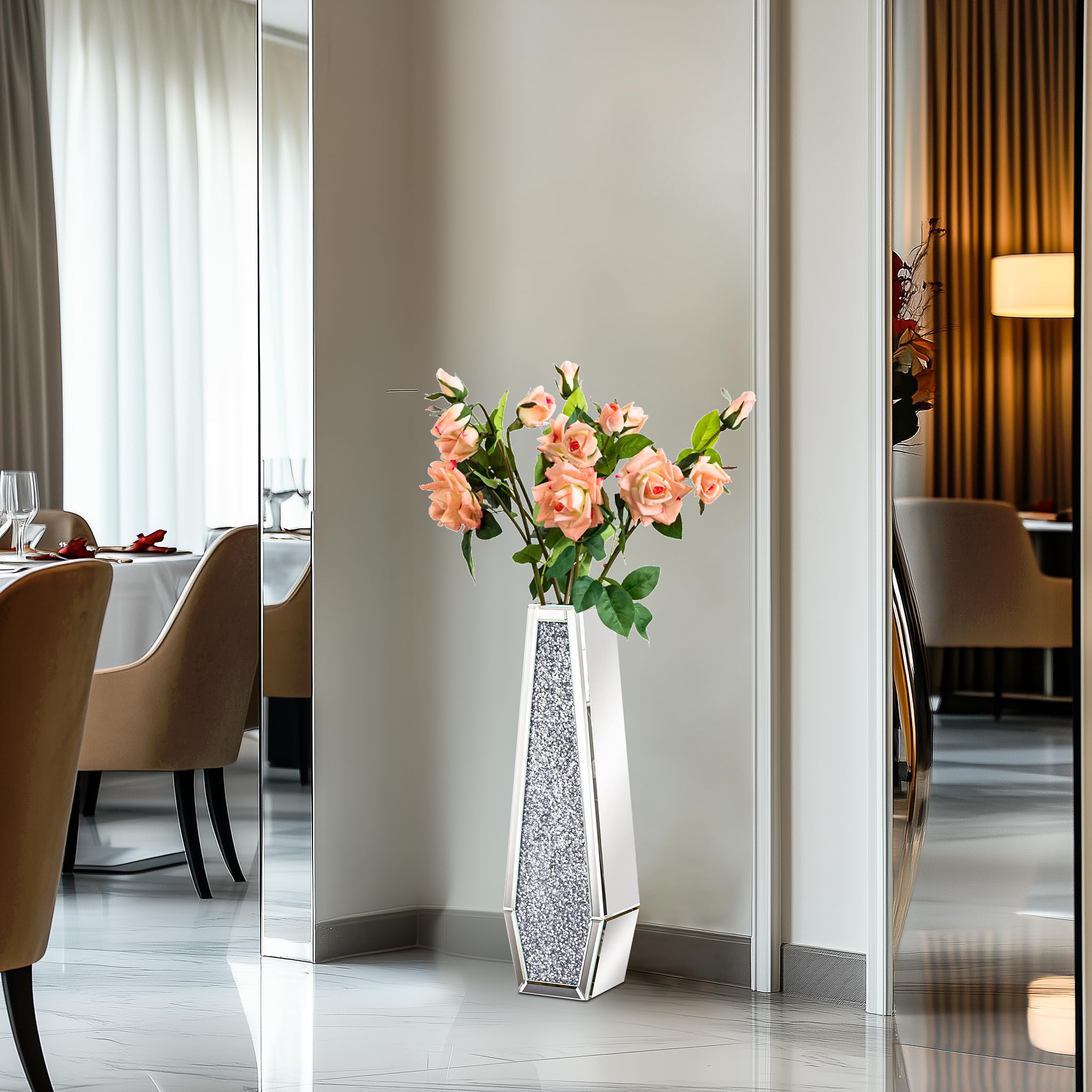 Vaso Vetro Diamanti Alto 70cm: Vaso Decorativo da interno Grande a Specchio fiori Cristallo Argento Stretto e Lungo da Terra Moderno Design Decorazione casa