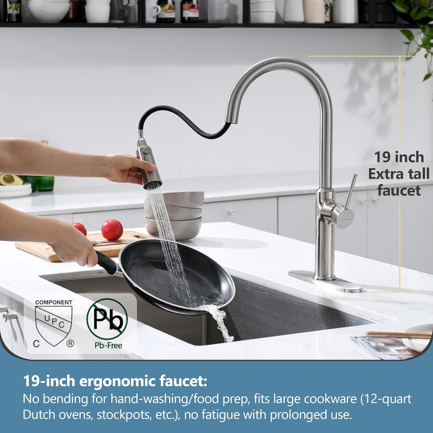 Kitchen Sink Faucets Brushed Nickel, High Arc Single Handle Kitchen Faucet with Pull Down Sprayer, Solid Brass Tall Kitchen Faucets