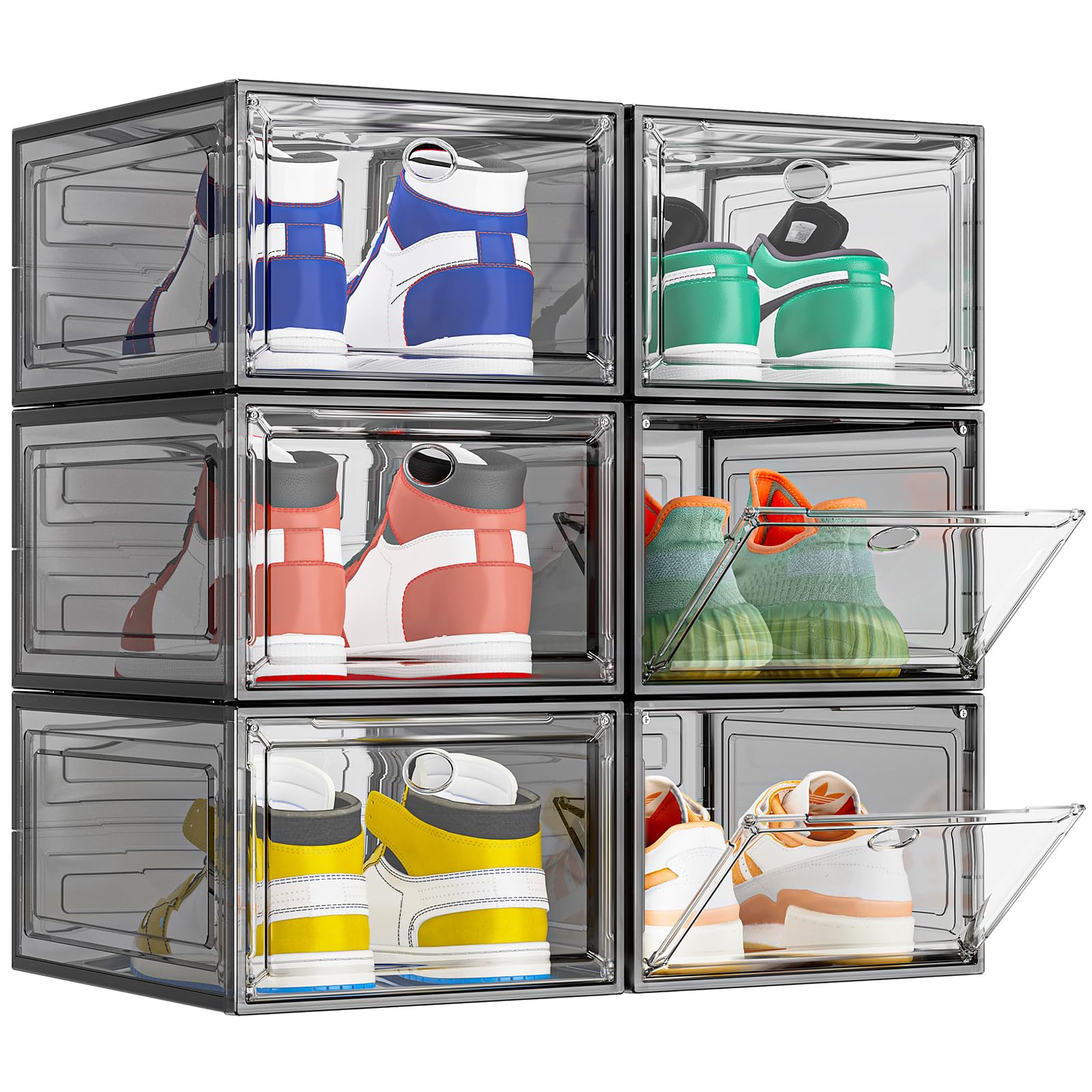 Cajas de Zapatos, 6 Cajas de Almacenamiento de Zapatos de Plástico Transparente Apilables, Contenedores Organizadores de Zapatos con tapas para Mujeres/Hombres, Negro