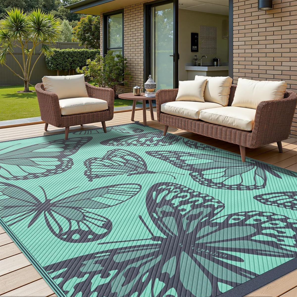 Hiseng Tapis d'extérieur Terrasse Imperméable, Tapis de Sol à Motif Papillon Réversible en Plastique Résistant aux UV Pliable Portable pour Balcon, Jardin, Camping, Pique-Nique (Vert,182x274cm)