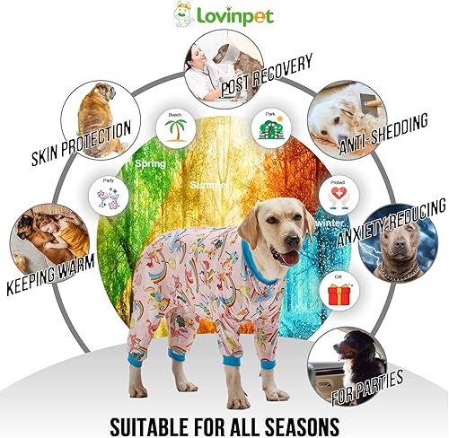 Miniatura 5 de LovinPet Pijama de tamaño grande para perro, estampado mágico de arcoíris brillante, color rosa, ligero y elástico, pijama para cachorros grandes,