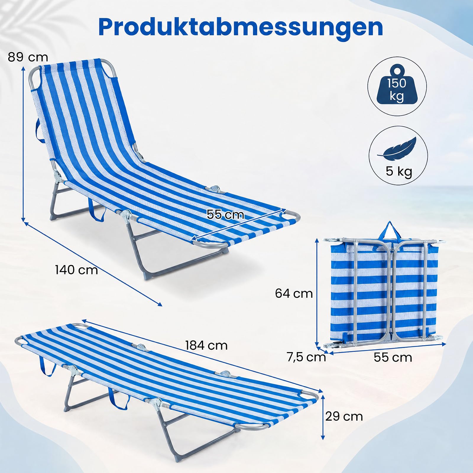 COSTWAY Leżak plażowy, składany, lekki, z regulowanym oparciem i podnóżkiem, przenośny, składany leżak z uchwytem do noszenia, obciążenie do 150 kg, na plażę, do ogrodu (niebieski + biały)