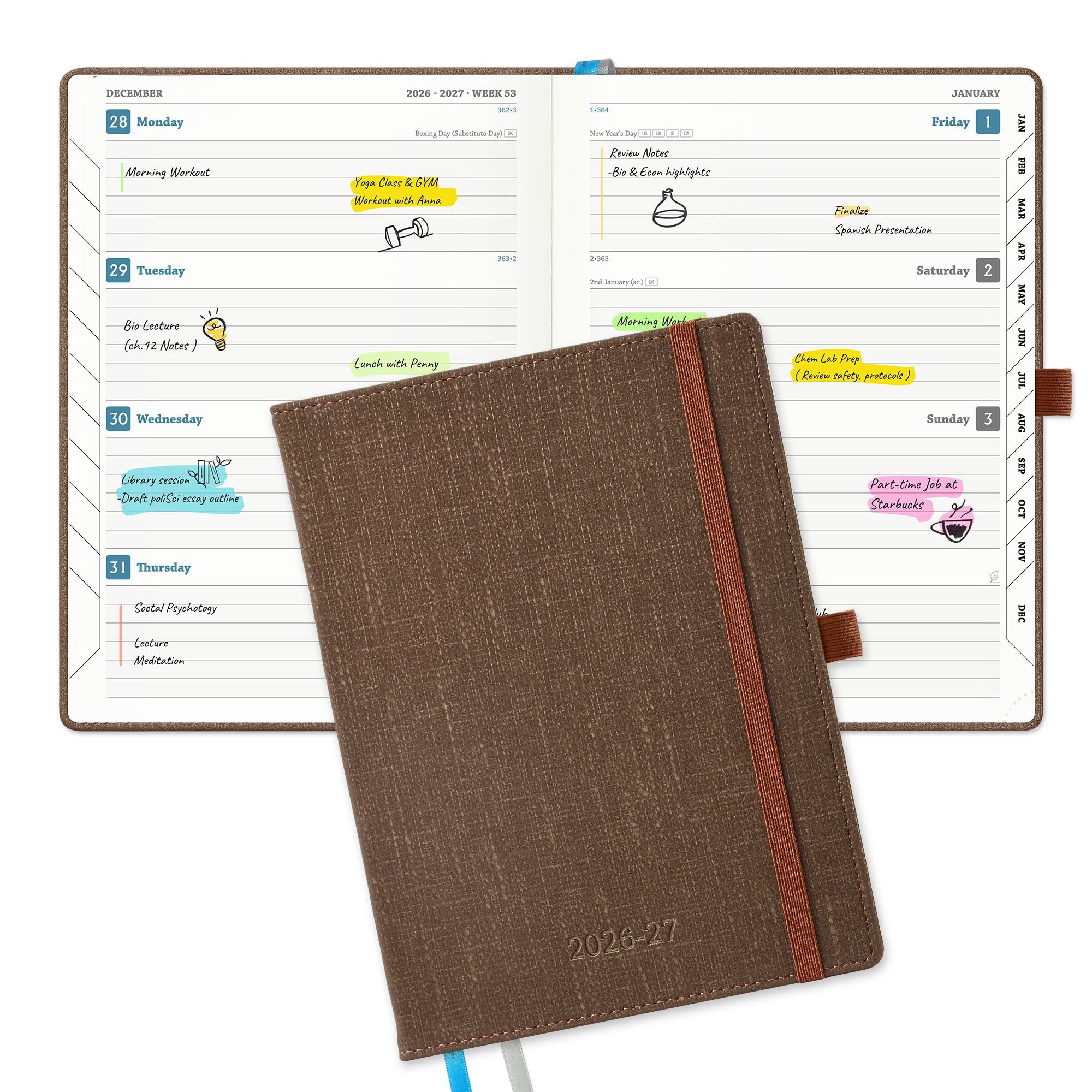 IN-LUXPRO Academic Diary 2026-2027: Luxury A5 Week to View (21.9x16.2cm)18 Months (Jul'26 - Dec'27) Mid Year Diary 26/27 Horizontal Weekly Planner with Timeslots & Month Tabs, PU Leather Coffee