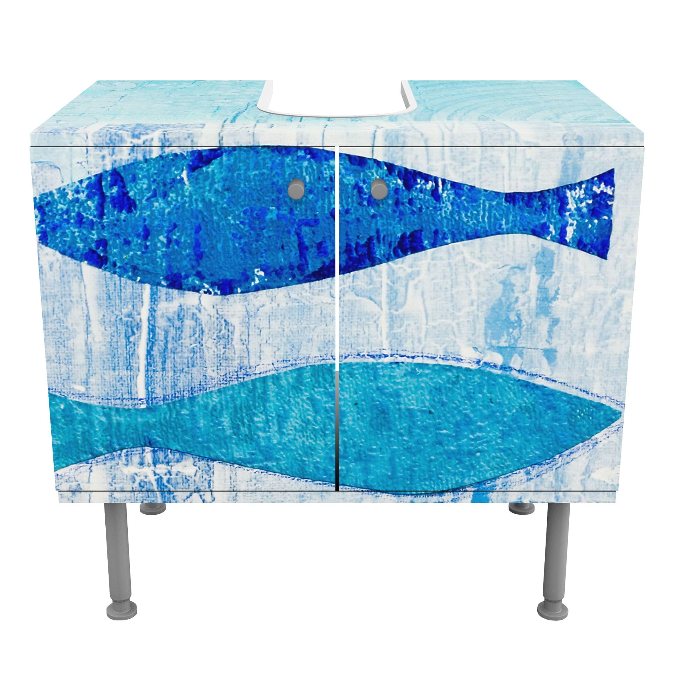 Waschbeckenunterschrank 2 Türen Kunst höhenverstellbar mit Füßen - 60er Breite - Fische Malerei Unterschrank blau Bad Gäste WC Möbel mit Motiv 1680