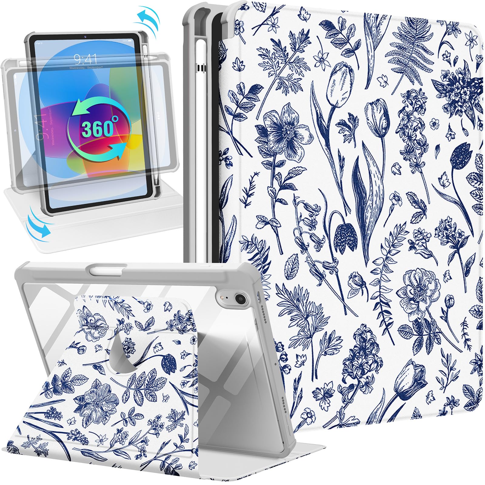 Uppuppy for iPad mini 7/6 Case - for iPad mini 6th/7th Generation Cases Women Cute Folio Cover with Pencil Holder Girls Girly Blue Floral Pretty
