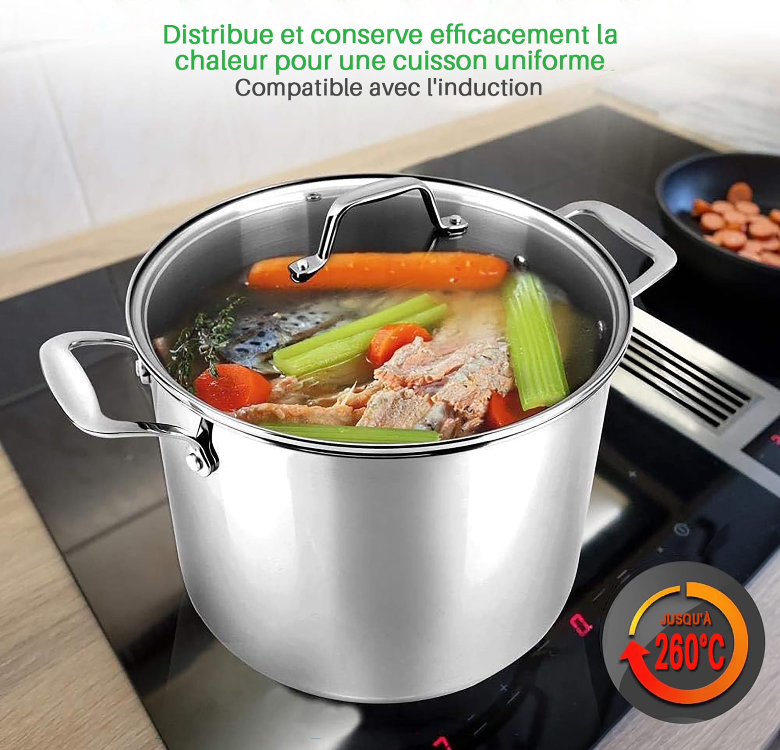 NutriChef Marmite- Faitout Inox de 18 Litres - 18-8 Qualité Alimentaire Résistant Tous Feux- Faitout-Grande Marmite avec Couvercle Transparent, Compatible Lave-Vaisselle
