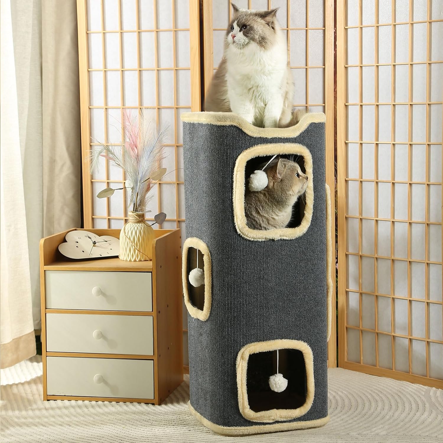 OYX 4-Level House for Indoor, Large Adult Covered Cave Bed, House with Scratching Pad Tower Condo, Modern Cube Playhouse for Multiple Kittens, 14X14X34 Inches, Grey