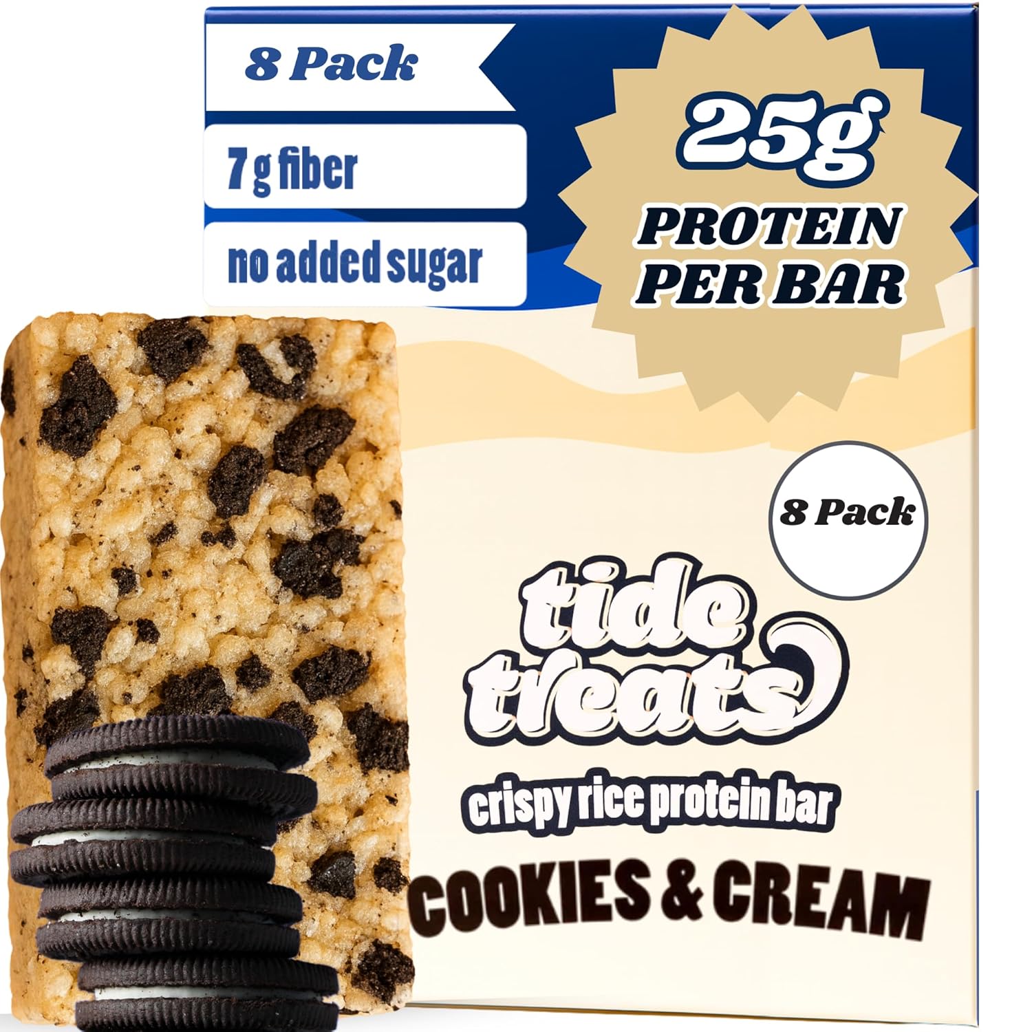 Crispy Rice Protein Bar Cookies And Cream | 25g Protein, Low Sugar, Clean Ingredients, 7 g Fiber, Gluten Free | High Protein Snack for On-the-Go, Post-Workout or Dessert Cravings | 8 Count