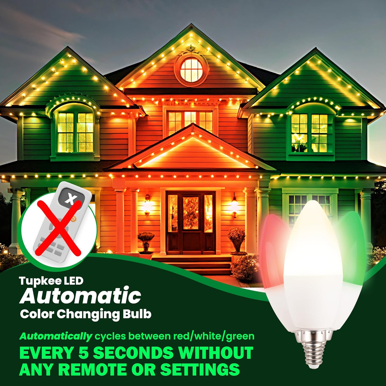 Tupkee LED Automatic Color Changing Bulb - Automatically Cycles Between Red/Green/White Every 5 Seconds – C37/B11 Candle Bulb, E12 Base, 3W Christmas Window Candles Light Bulb Holiday Decoration