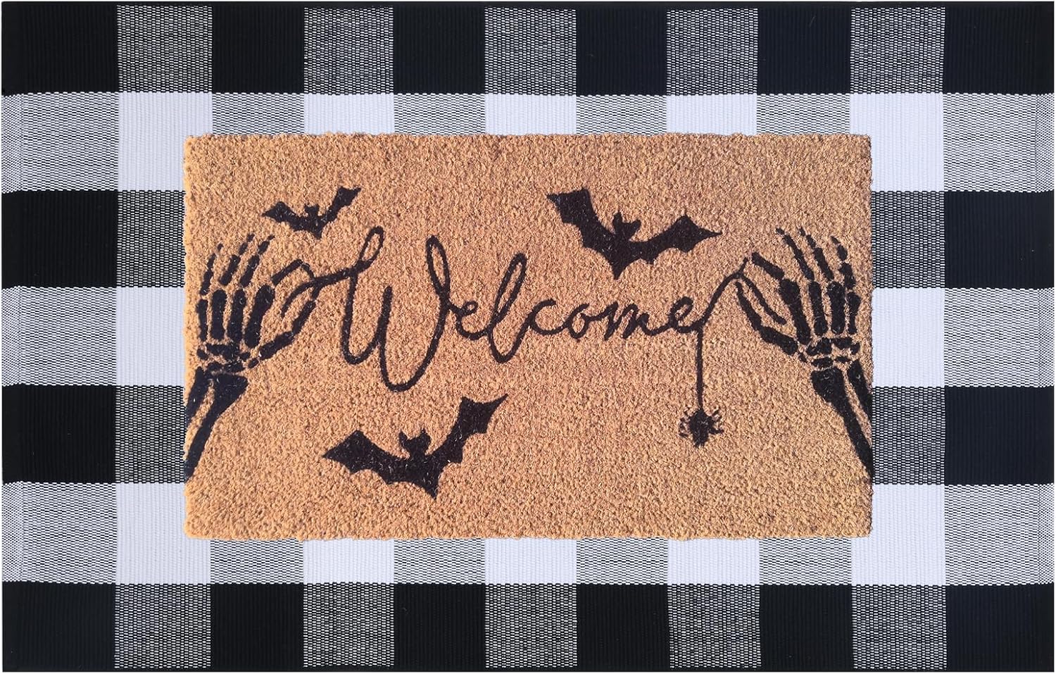 Halloween Welcome Door Mat Combo Set, Skeletal Hand Coco Coir Doormat -28" x 43" Black and White Plaid Rug, Autumn Front Porch Entryway Decor Floor Mat