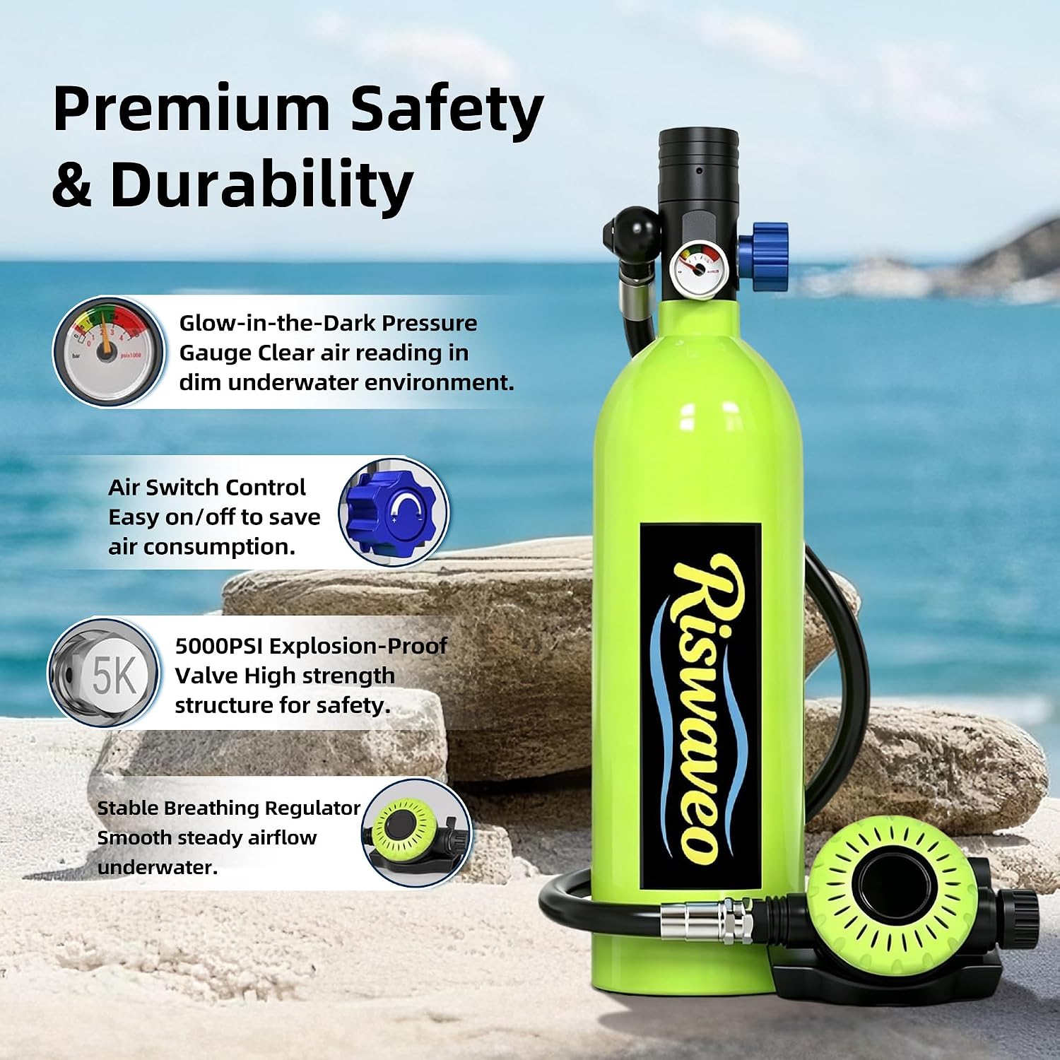 1.0L Mini Scuba Tank Portable Oxygen Tank for Snorkeling | Lightweight DOT Certified, Reusable Underwater Breathing Training Gear, Pony Bottle Diving Entertainment