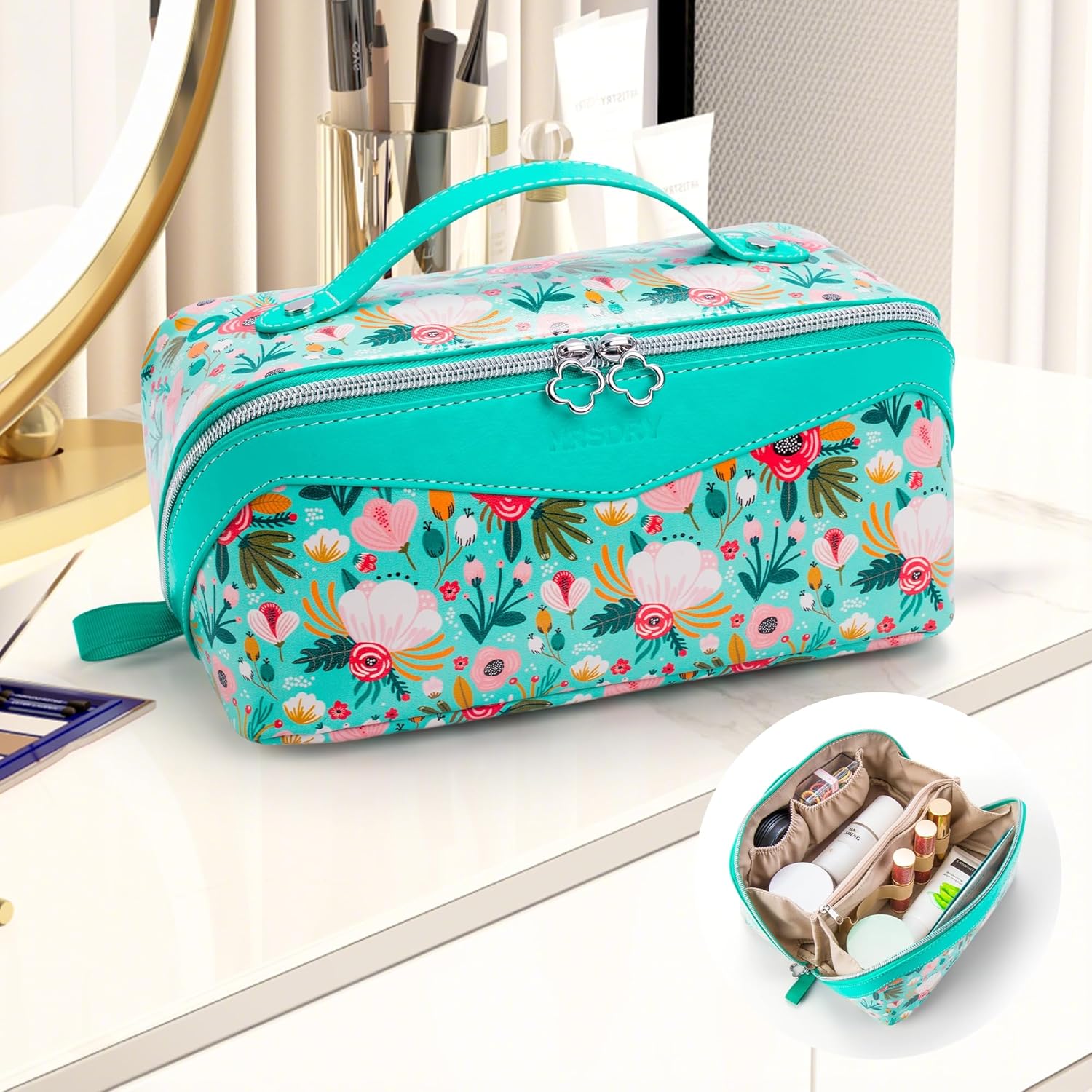 Mrsdry Travel Makeup Bag，Large-capacity waterproof cosmetic bag，Travel bags and toiletries bags for women，PU leather material，Multi-zone and large opening design (Floret)