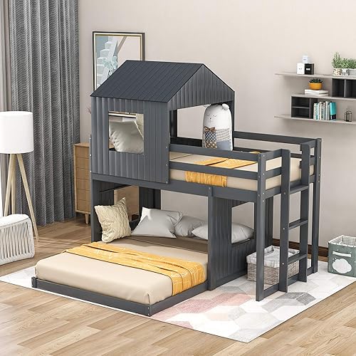 Twin Over Full Bunk Beds for Kids Toddlers, Wooden Play Farm House Bunk Bed with Roof Window Guardrail Ladder, for Girls Boys, No Spring Box Required (Gray-BUNK Bed-Twin-Full-4)