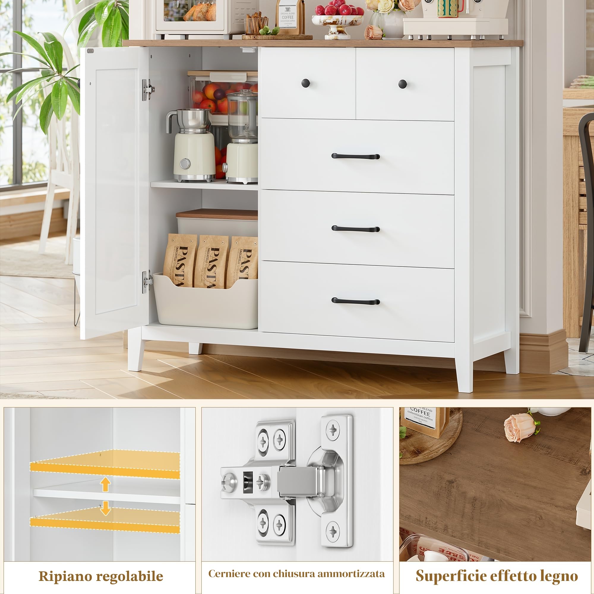 HOCSOK Credenza Cucina con 5 Cassetti e 1 Porta, Mobile Ingresso in Legno | Ripiano Regolabile, Madia Soggiorno Moderna con Piano, 108 x 82,5 x 39 cm, per Soggiorno, Cucina e Ingresso, Bianco e Marrone