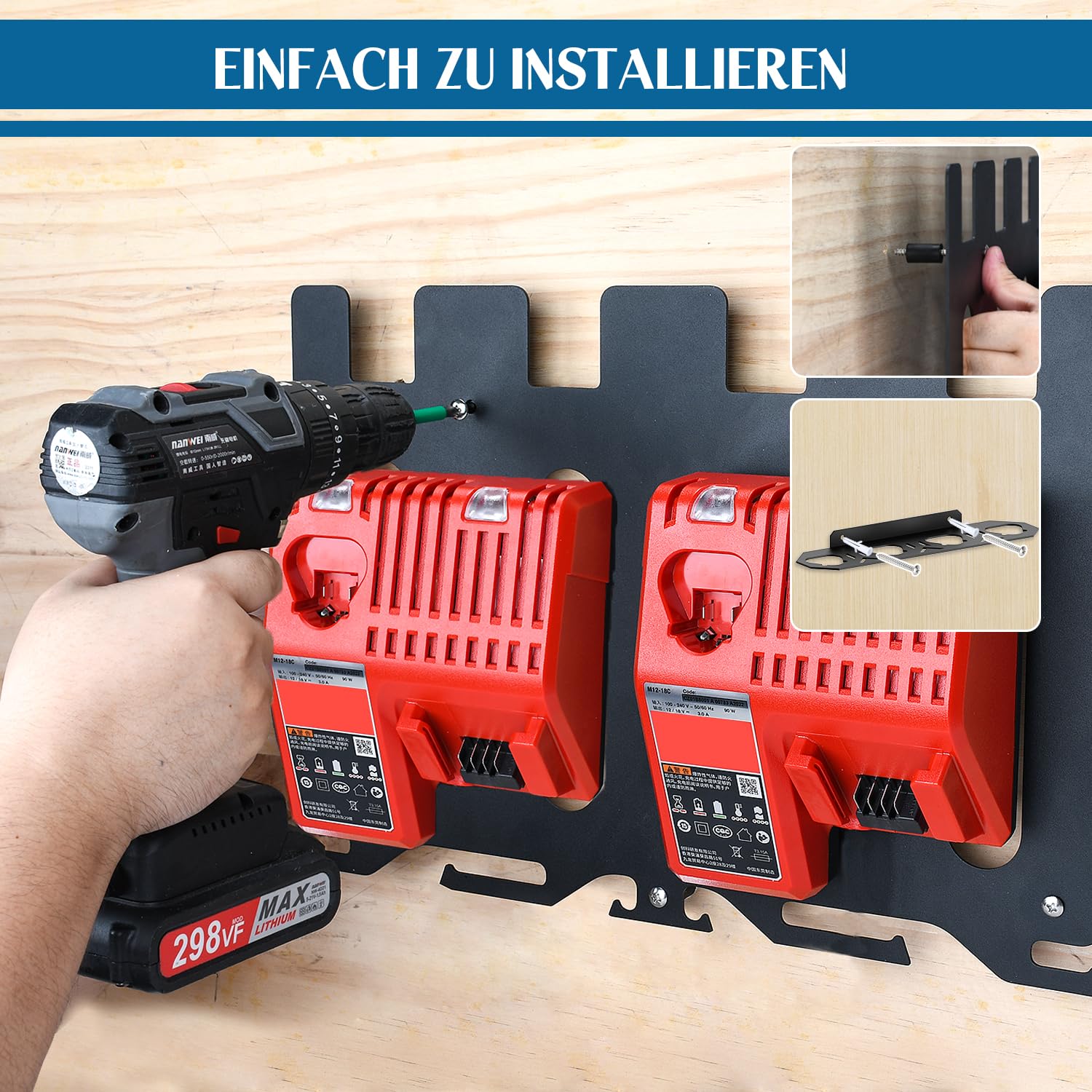 Soporte de pared de metal 3 en 1 para cargadores, baterías y taladros Milwaukee - Compatible con cargadores M12-18C/M12-18FC/M18 DFC - Soporte de batería para baterías Milwaukee M12 de 12 V y M18 de