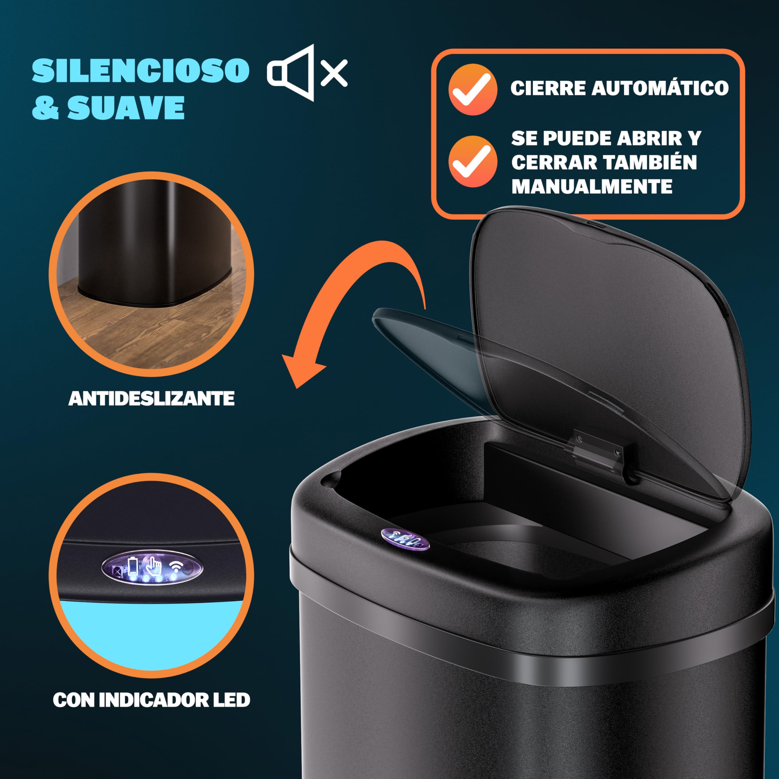 Monzana® Cubo de Basura Sensor Cocina 50L Acero Inoxidable Tapa Automática Extraíble Anillo Seguridad incl. Cable USB Indicador LED Casa Oficina Negro