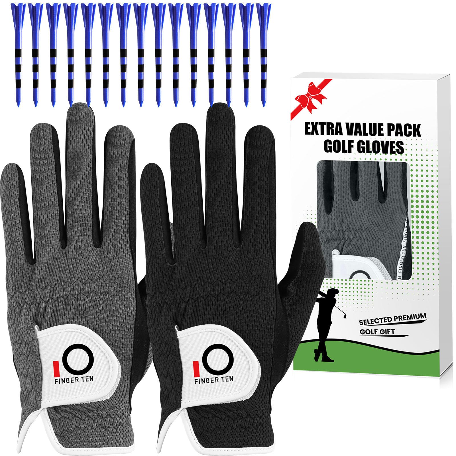 FINGER TEN Golf Gloves Men Rain Grip Value 2 Pack with 15 Pcs Tees Left Hand for Right Handed Golfer, Premium Fit Mens Glove Hot Wet Weather No Sweat Black Grey Blue (Black+Grey, XXXL)
