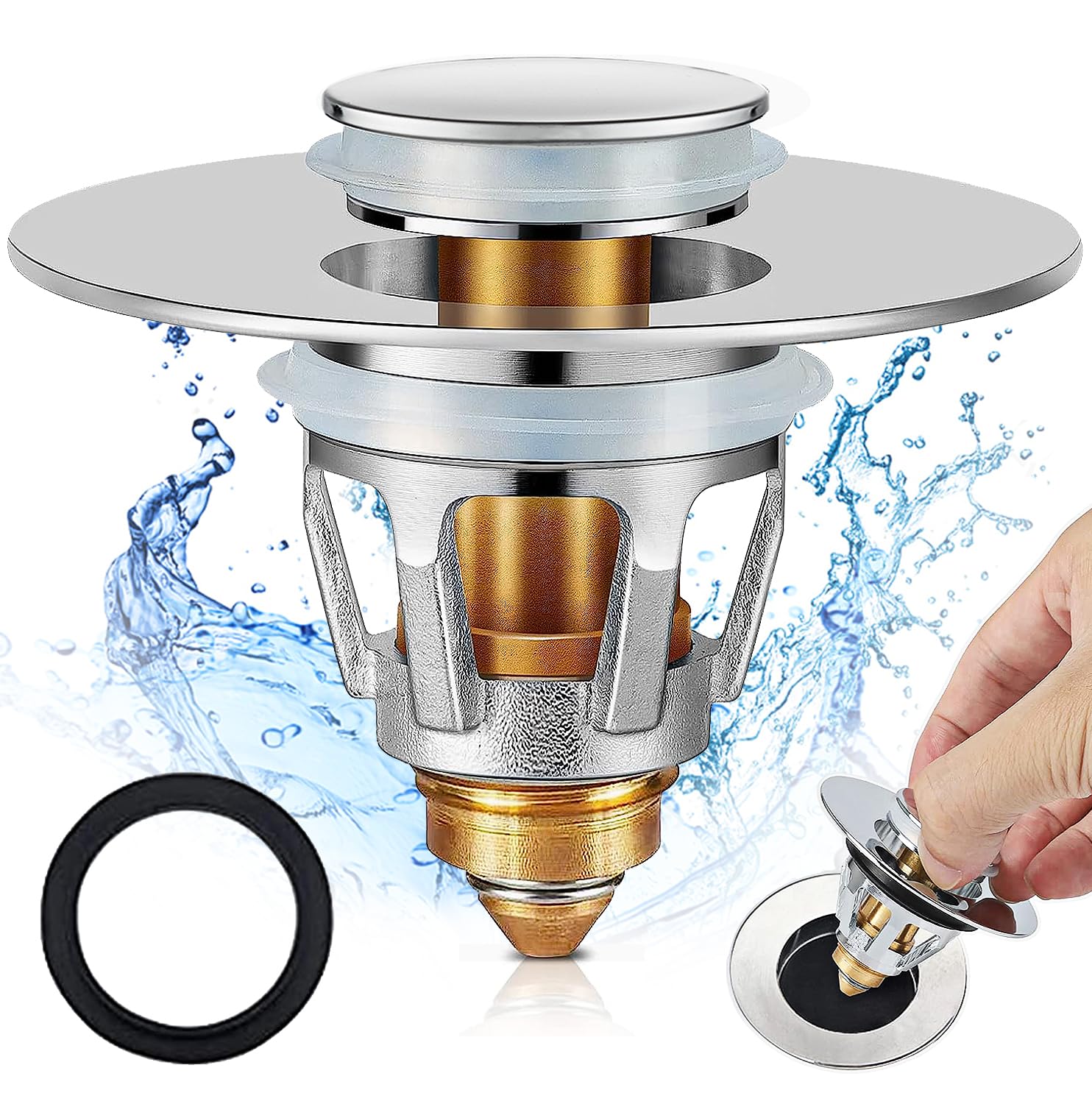 2PCS All Metal Universal Pop Up Sink Plug & Strainer - Fits 1.33" To 1.57" Drain Holes, Anti-Clog Design