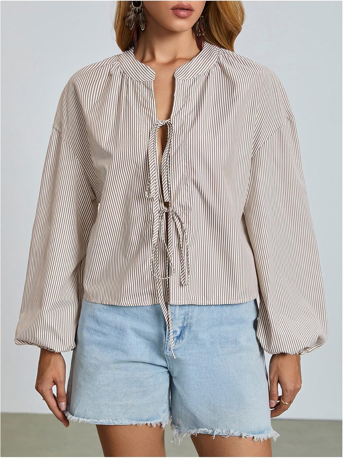 SweatyRocks Women's Striped Long Puff Sleeve Shirts Tie Front Tops Bow Casual Loose Going Out Tops - Image 4