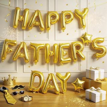 Happy Father's Day Balloons, Gold 16 Inches Father Foil Letter Balloons with Star Heart Balloon for Father's Day Dad Birthday Appreciation Family Gathering Celebration BBQ Party Decorations Supplies