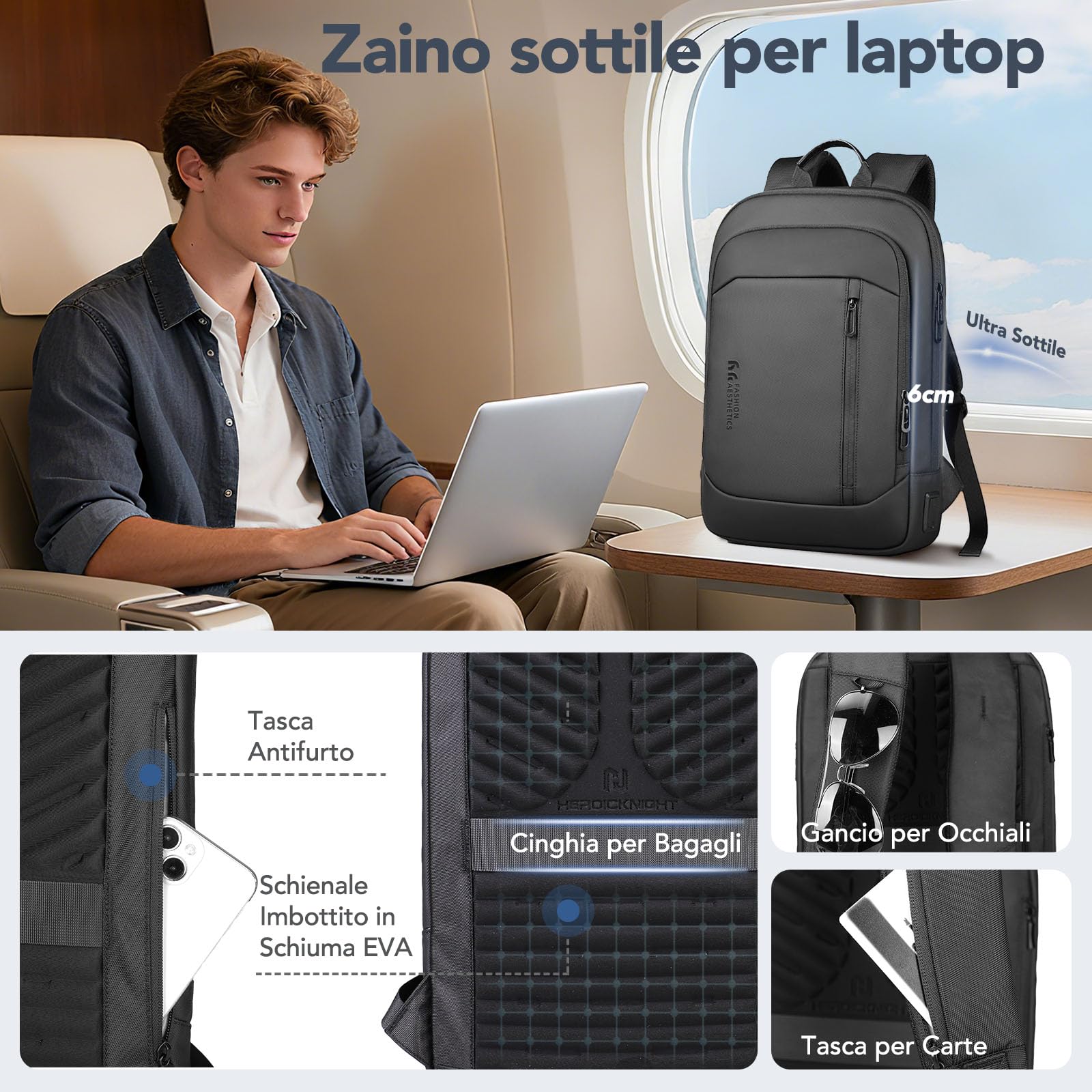 Zaino Ultra Sottile da Uomo, Impermeabile per Zaino porta PC | Laptop da 15,6 pollici con Porte di Ricarica USB A&C, Leggero e Antifurto per Lavoro Ufficio Viaggi e Viaggi d'Affari, Nero