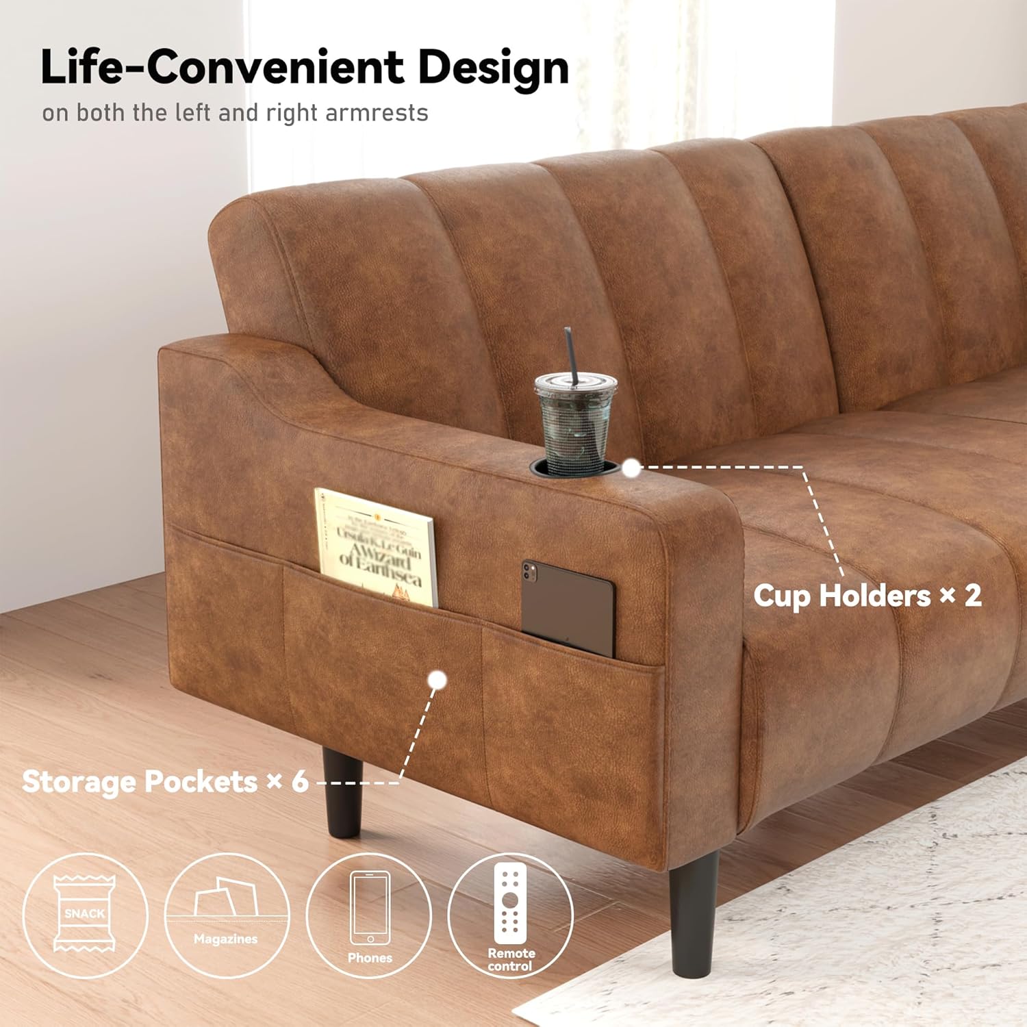 Futon Sofa Bed, 80" Faux Leather Couch, Sleeper Sofa Bed with Adjustable Backrest& Storage, Mid Century Modern Loveseat Couch for Living Room, Bedroom and Small Spaces, Light Brown | Futon Sofa Bed, Cup holder, Adjustable Backrest