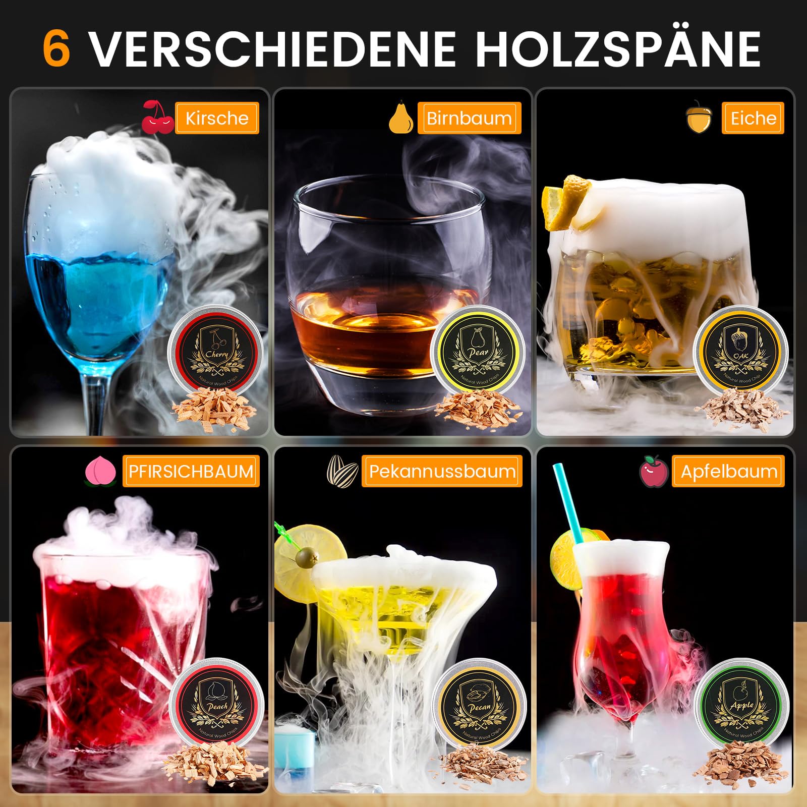 Whiskey Cocktail Smoker Set mit Brenner, 6 Geschmacksrichtungen Holzspäne, 2 Gläser, 2 Eisball-Formen, Bourbon Old Fashioned Drink Räucher-Kit, Geschenk für Männer Väter Ehemänner Freunde (ohne Butan)