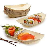 Vista 1 de Paquete de 25 botes de sushi biodegradables extra grandes de 10 pulgadas. Platos de aperitivo 100% desechables. Bandejas de alimentos de madera