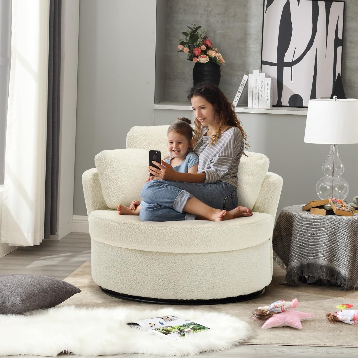 Swivel Barrel Chair, Modern Fabric Oversized 360 Degree Club Accent Arm Chairs, Single Round Living Room Sofa Chair w/ 3 Pillows for Nursery, Bedroom, Reading, Office, Ivory
