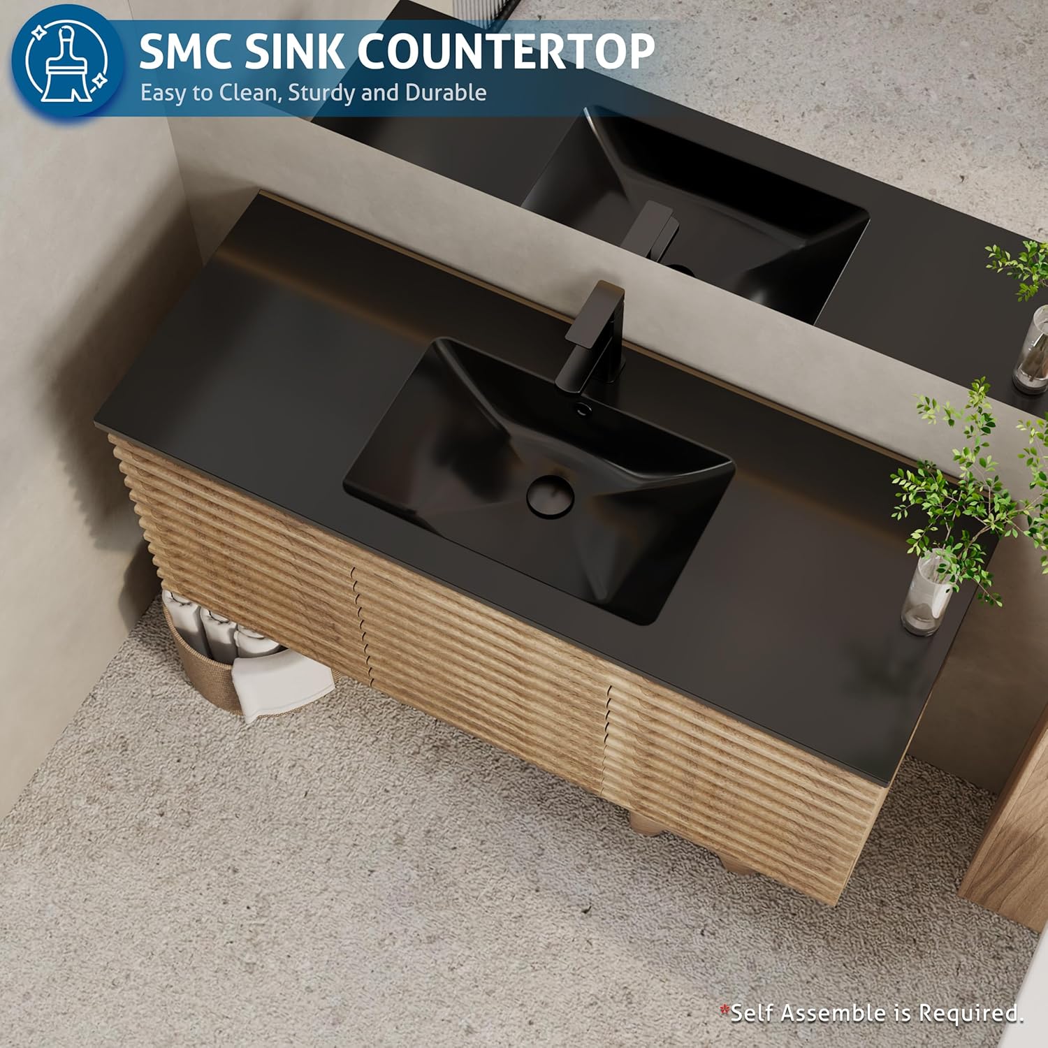 eclife 48" Floating Bathroom Vanity with Sink Combo, Mid-Century Wall Mounted Cabinet with Wood Stripes Decor, Drawers, Undermount Single Black Sink, Faucet, Drain, Light Walnut