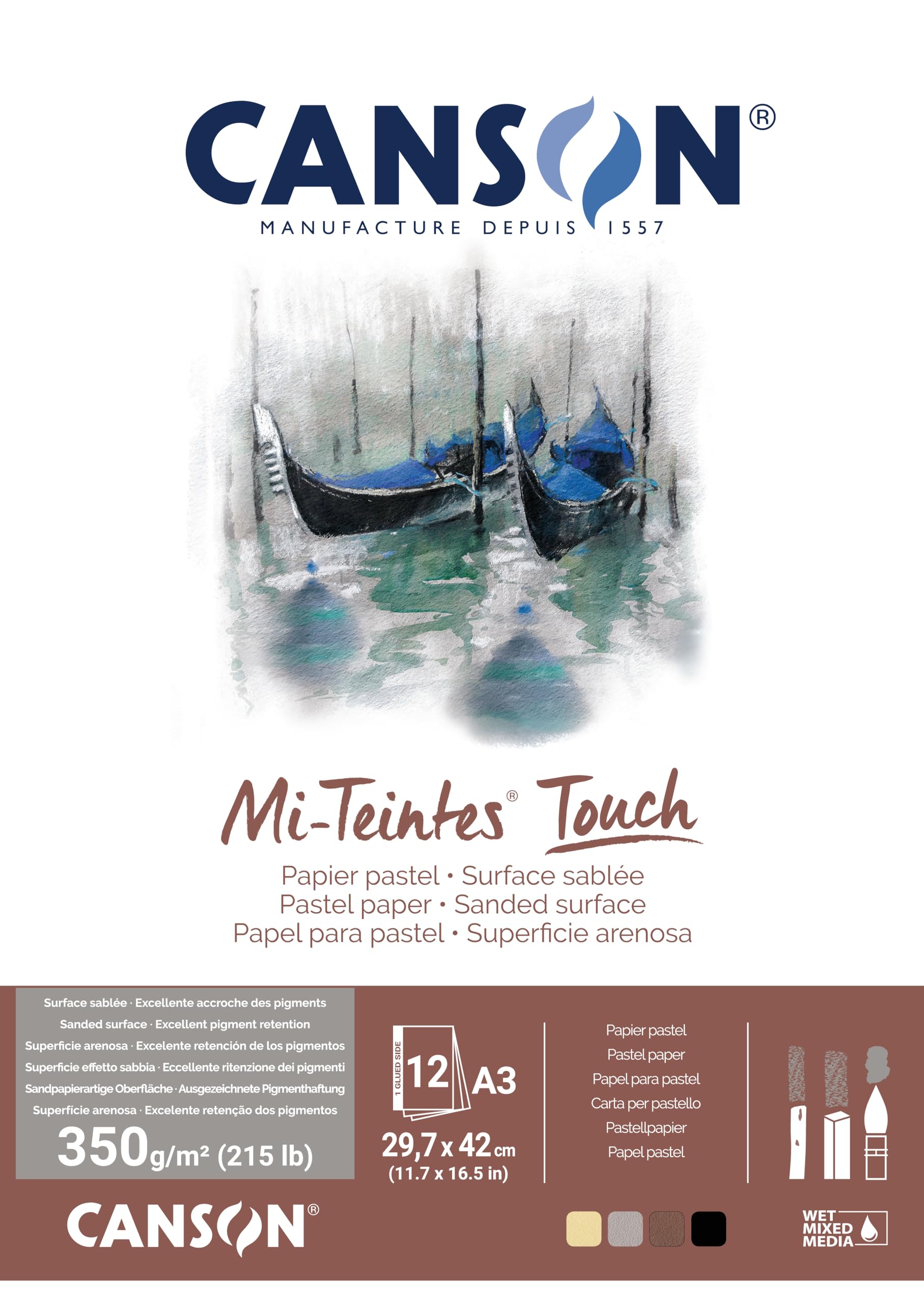 Canson Mi-Teintes Touch Microabrasivo 350g Surtido Bloc Encolado A3, 12 hojas