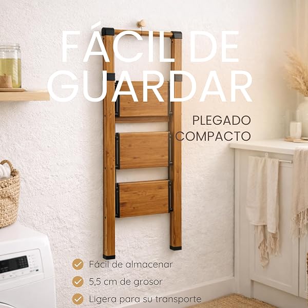 Escalera Plegable de Aluminio Efecto Madera para hogar y Cocina, 3 peldaños, peldaños Anchos Antideslizantes, EN 131 - 2