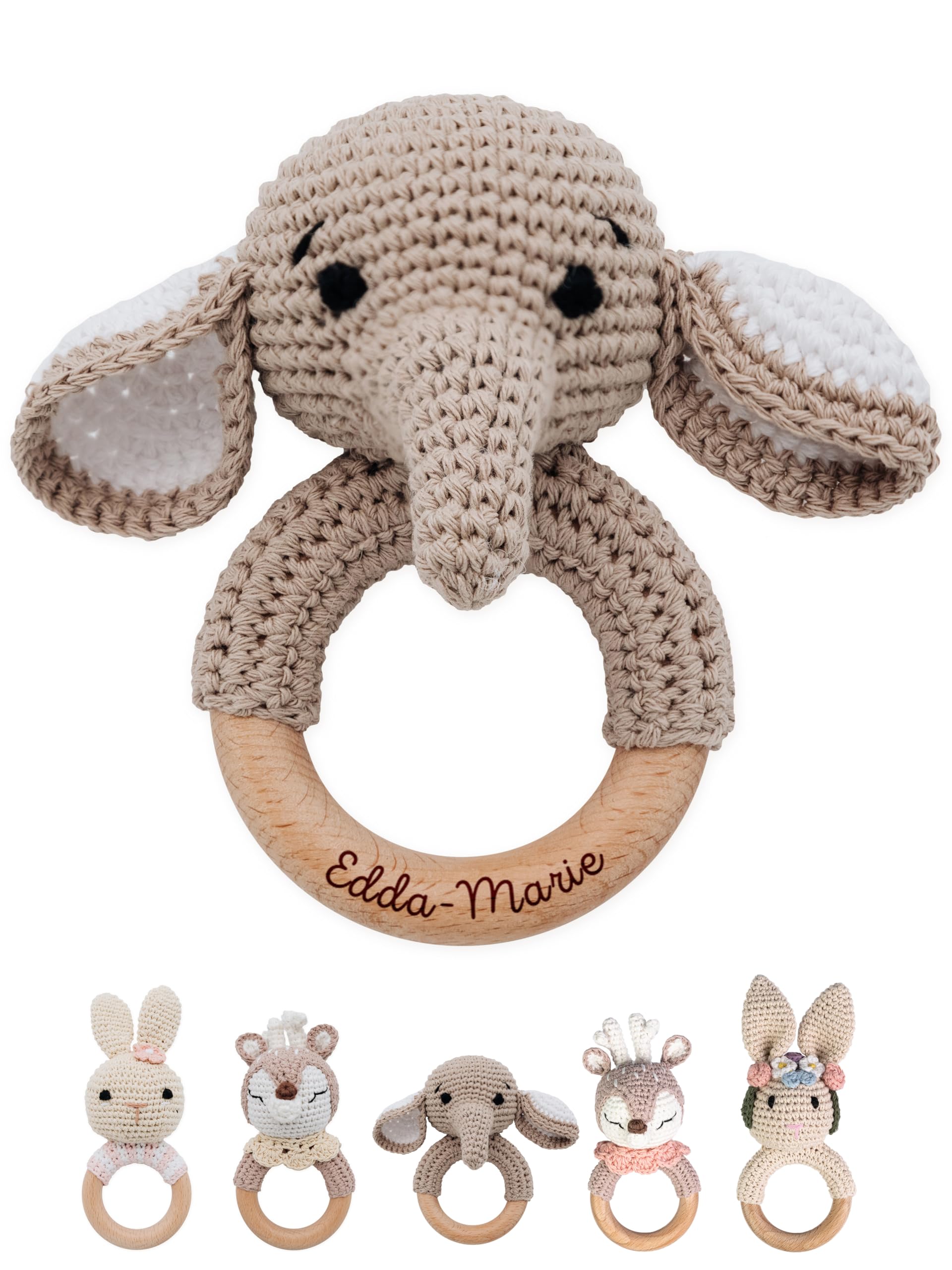 wunderwunsch - Personalised Teething Ring Baby - Cute Grasping Toy for Babies from 0 Months - Baby Rattle with Name as a Baby Gift for Girls and Boys (Elephant, without Engraving)