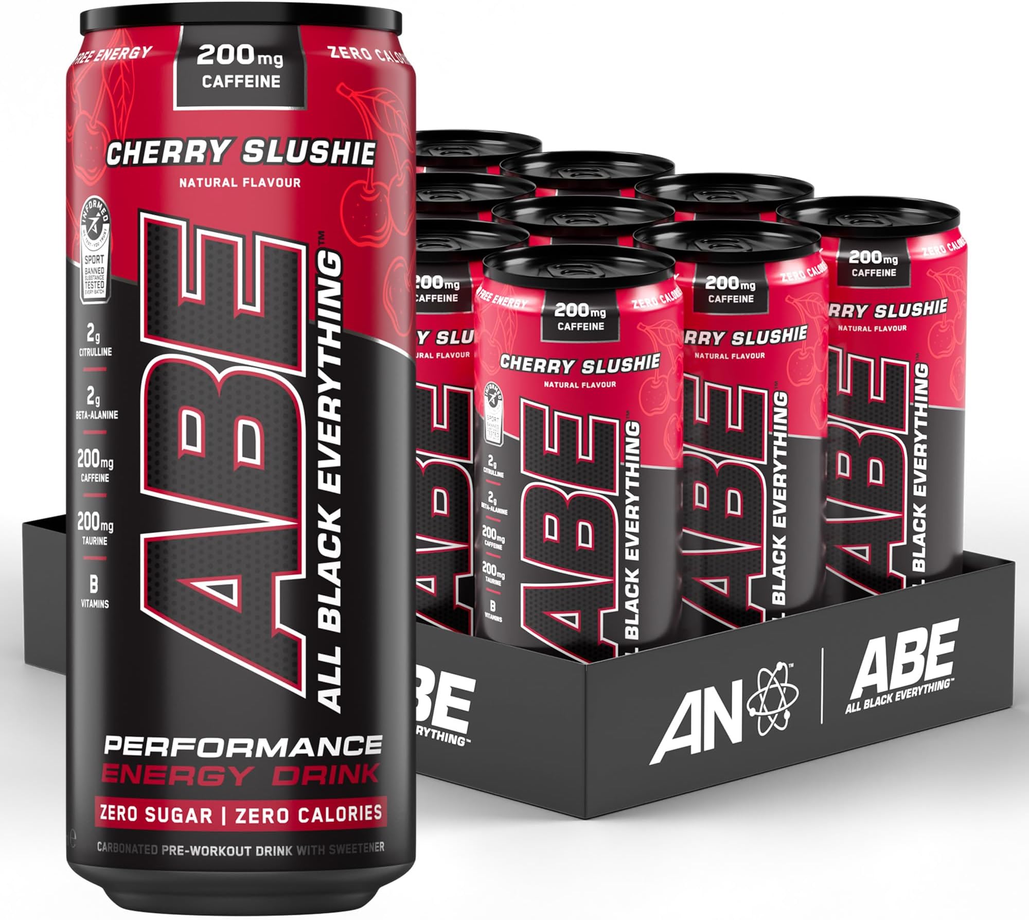 Applied Nutrition ABE Pre Workout Cans - All Black Everything Energy + Performance Drink, ABE Carbonated Beverage Sugar Free with Caffeine (Pack of 12 Cans x 330ml) (Cherry Slushie)