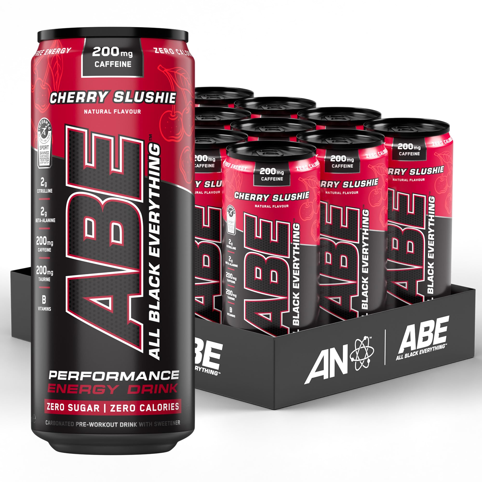 Applied NutritionABE Pre Workout Cans - All Black Everything Energy + Performance Drink, ABE Carbonated Beverage Sugar Free with Caffeine (Pack of 12 Cans x 330ml) (Cherry Slushie)