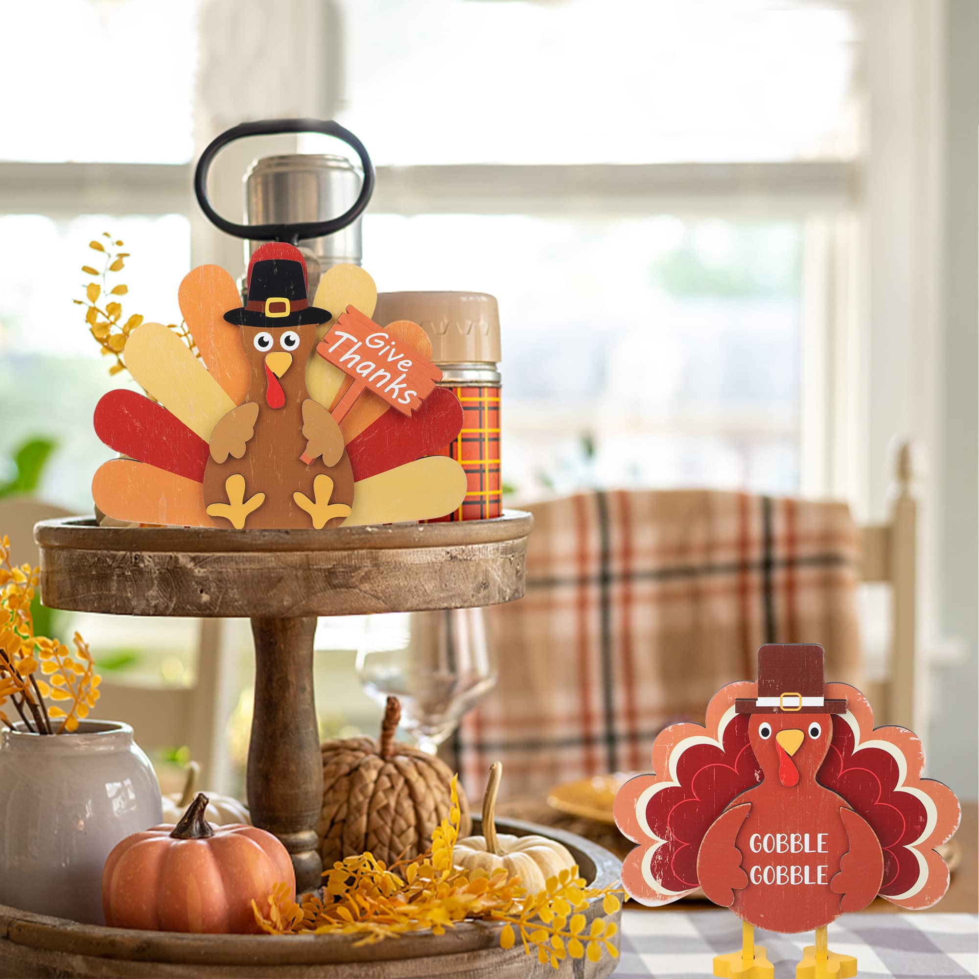 2-Piece Wooden Turkey Table Signs – Rustic Fall Thanksgiving Decor, Farmhouse Tiered Tray Centerpiece Blocks - View #11