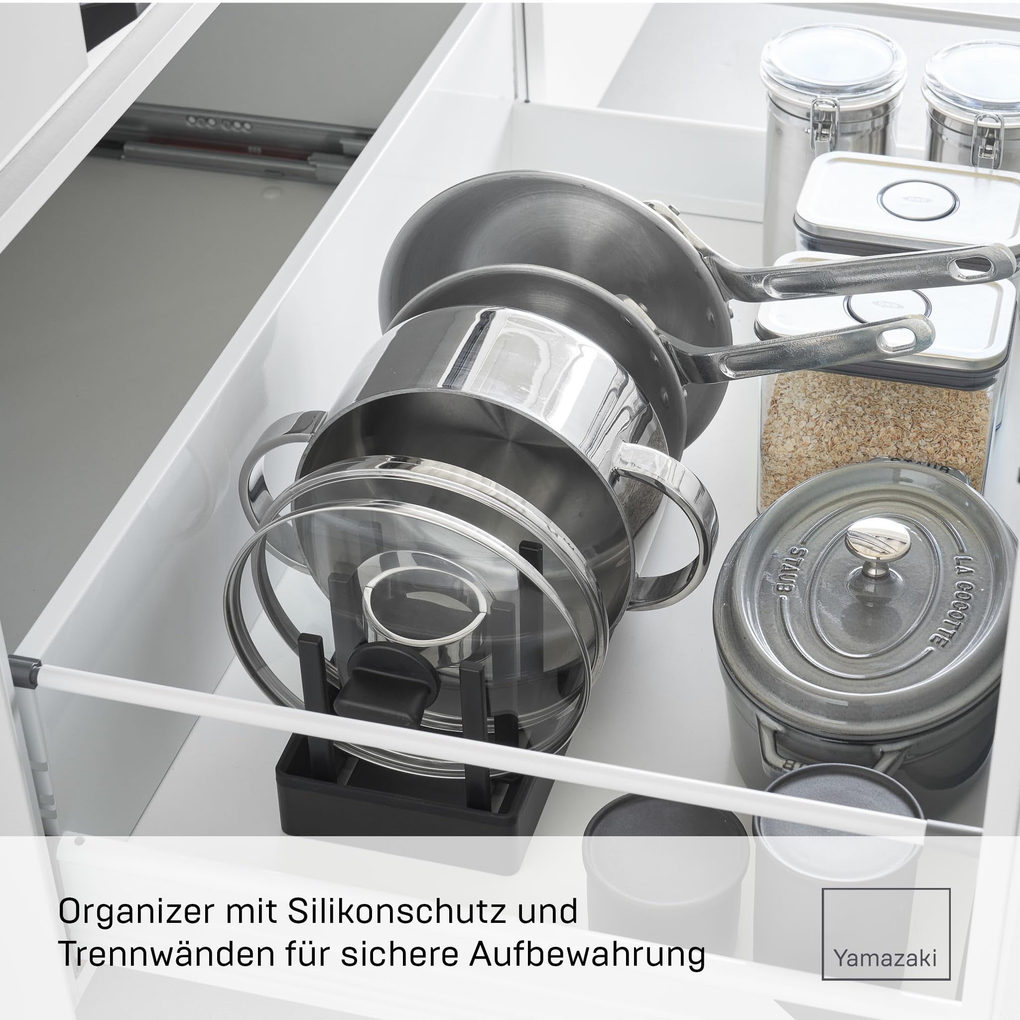 YAMAZAKI Tower Breitenverstellbarer Topf- & Pfannen-Organizer, schwarz