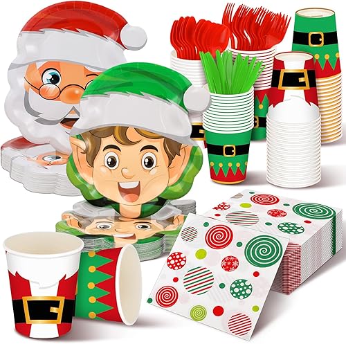 Juego de vajilla desechable de 350 piezas de Navidad, sirve 50, platos de papel de elfo de Papá Noel, servilletas lindas, tazas de cinturón de Papá disponible en Yaxa Peru