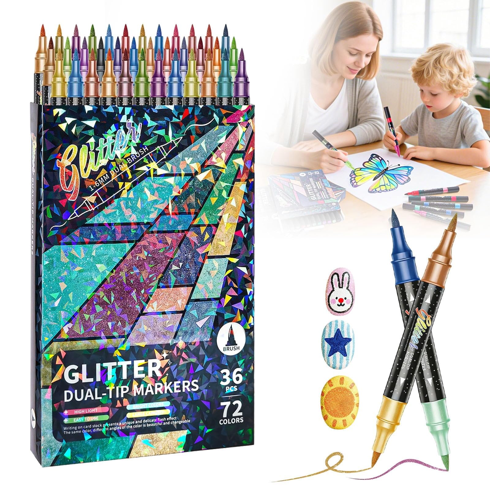 Farbige Glitzereffekt-Pinselmarker, 24/48/72/96 Farben, Doppelspitze, Glitzerstifte, glitzernde Metallic-Lackstifte, zum Ausmalen, Scrapbooking, Karten, Bastelbedarf