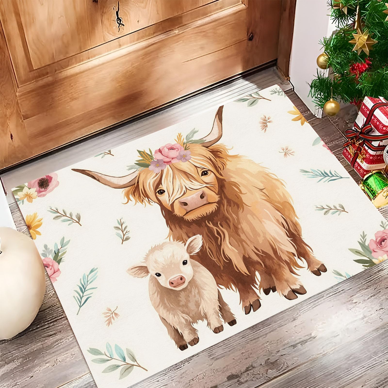 Tapis entrée intérieur 90x150 cm lavable et antidérapant imprimé vache des Highlands crème