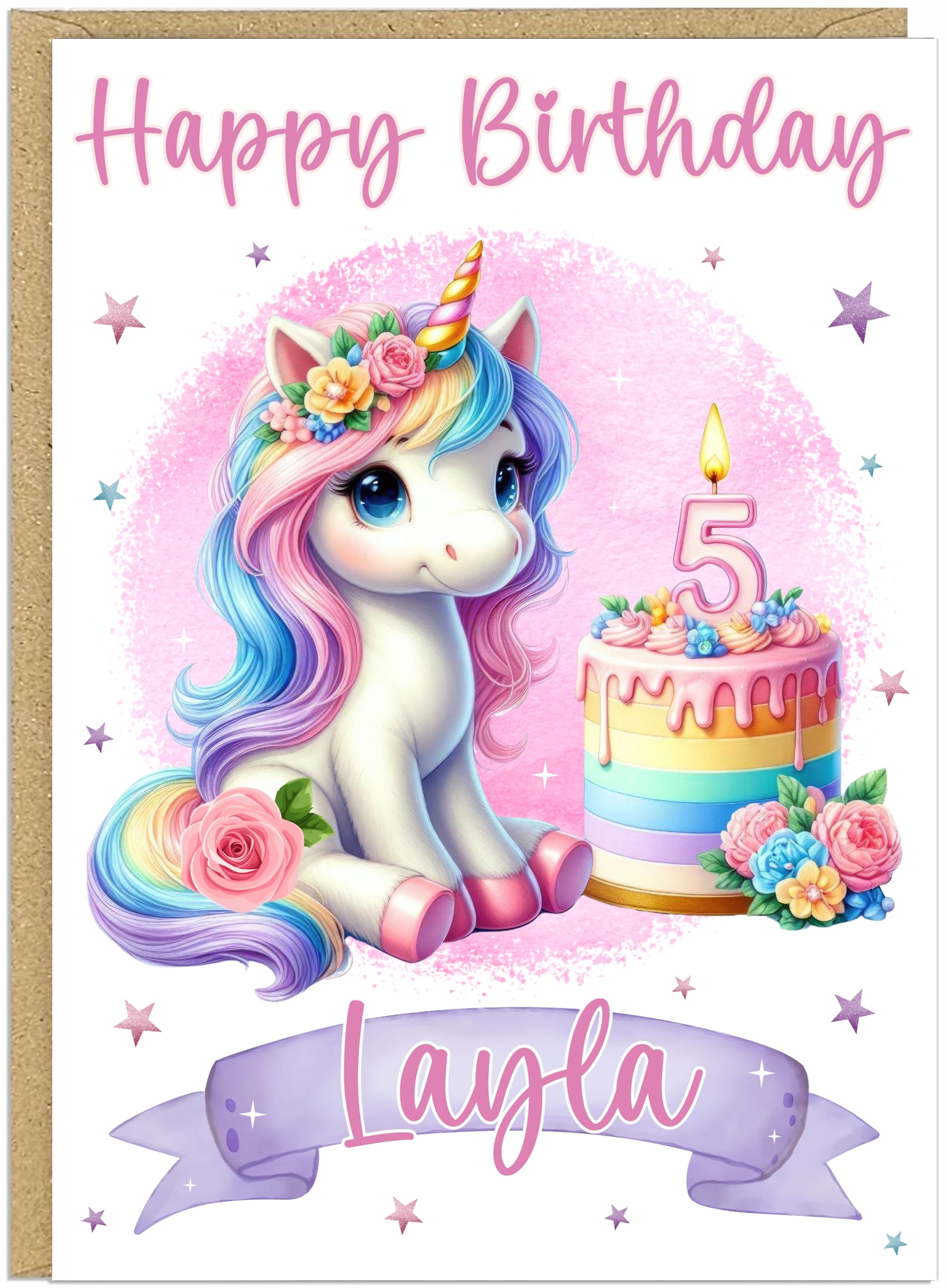 Personalised Cute A5 Unicorn Happy Birthday Cards for Little Girls - Custom Own Name & Age 1-12 Years Designs - Cute Girly Greeting Cards For Her (Age 5)