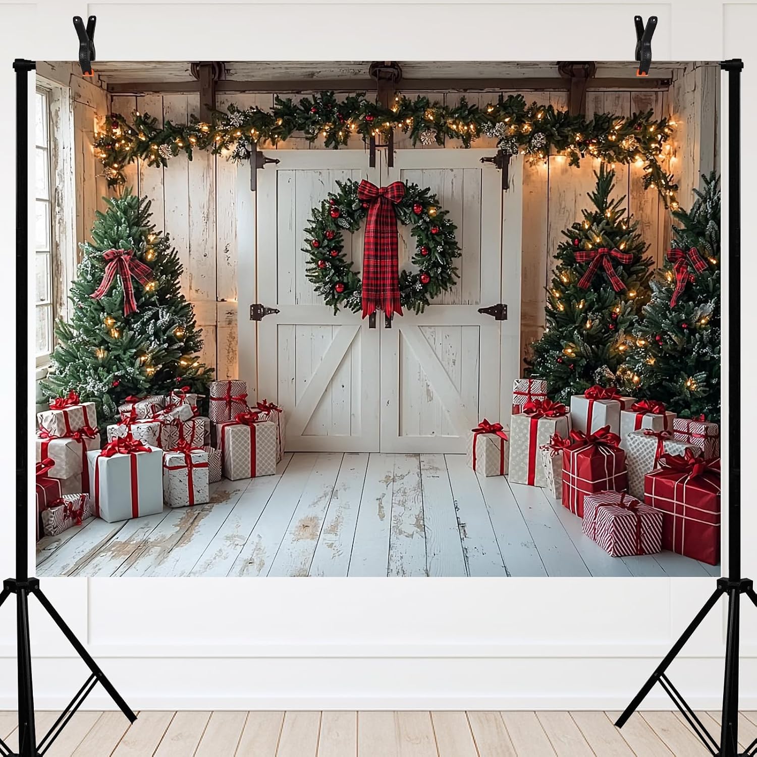 Avezano 7x5ft Christmas Backdrop Christmas Barn Wood Door Photography Backdrop Xmas Tree Gift Background Winter Xmas Holiday Party Supplies