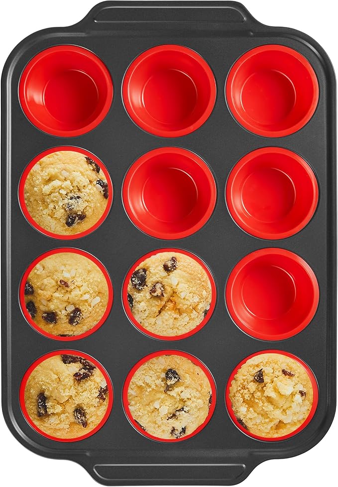 Silicone Muffin Pan with Metal Frame, Egg Bite Molds for Baking, Cupcake Pans 12 Regular Size, Muffin Tins Easy to Pop Nonstick Non Toxic Bakeware for Oven, Red