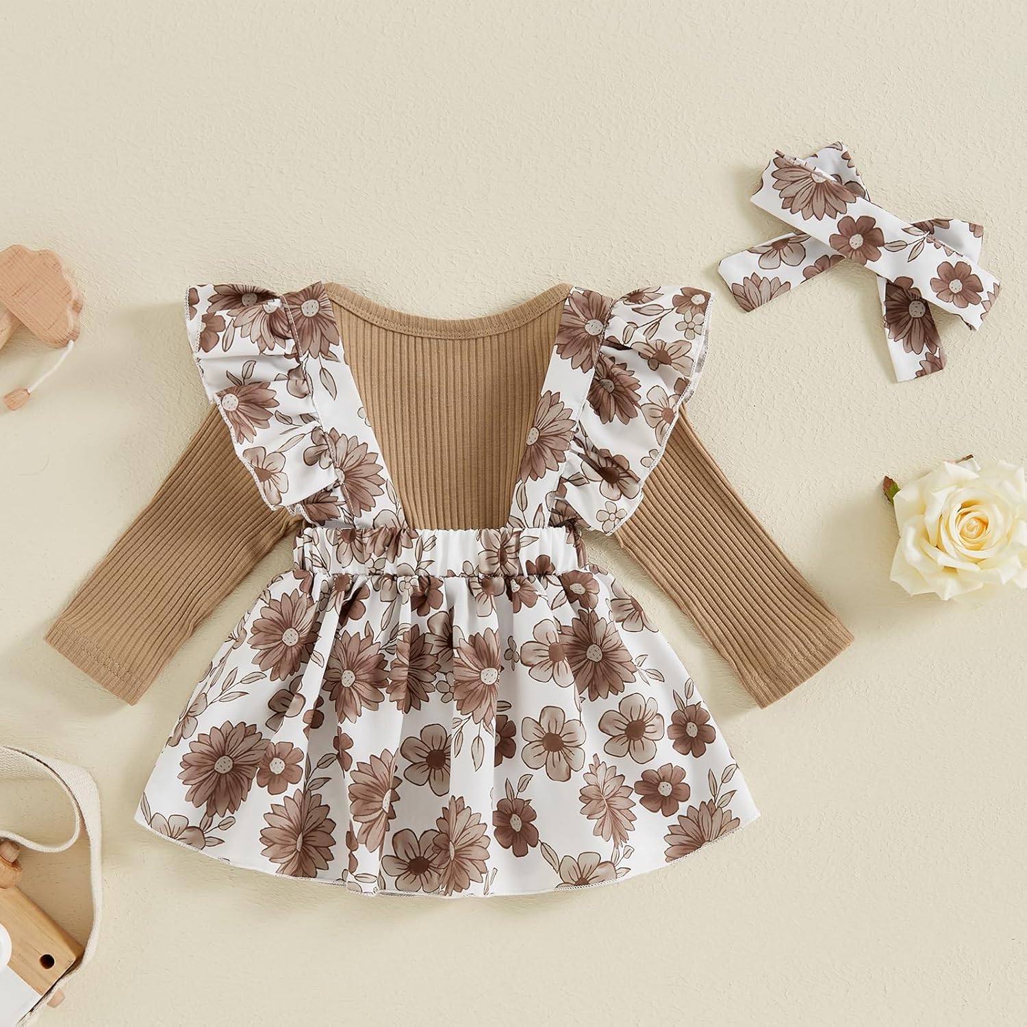 Baby Girl Clothes Fall Cute Skirt Outfits Long Sleeve Romper Floral Overall Skirt Dress Bow 3PCS Outfit - Image 5