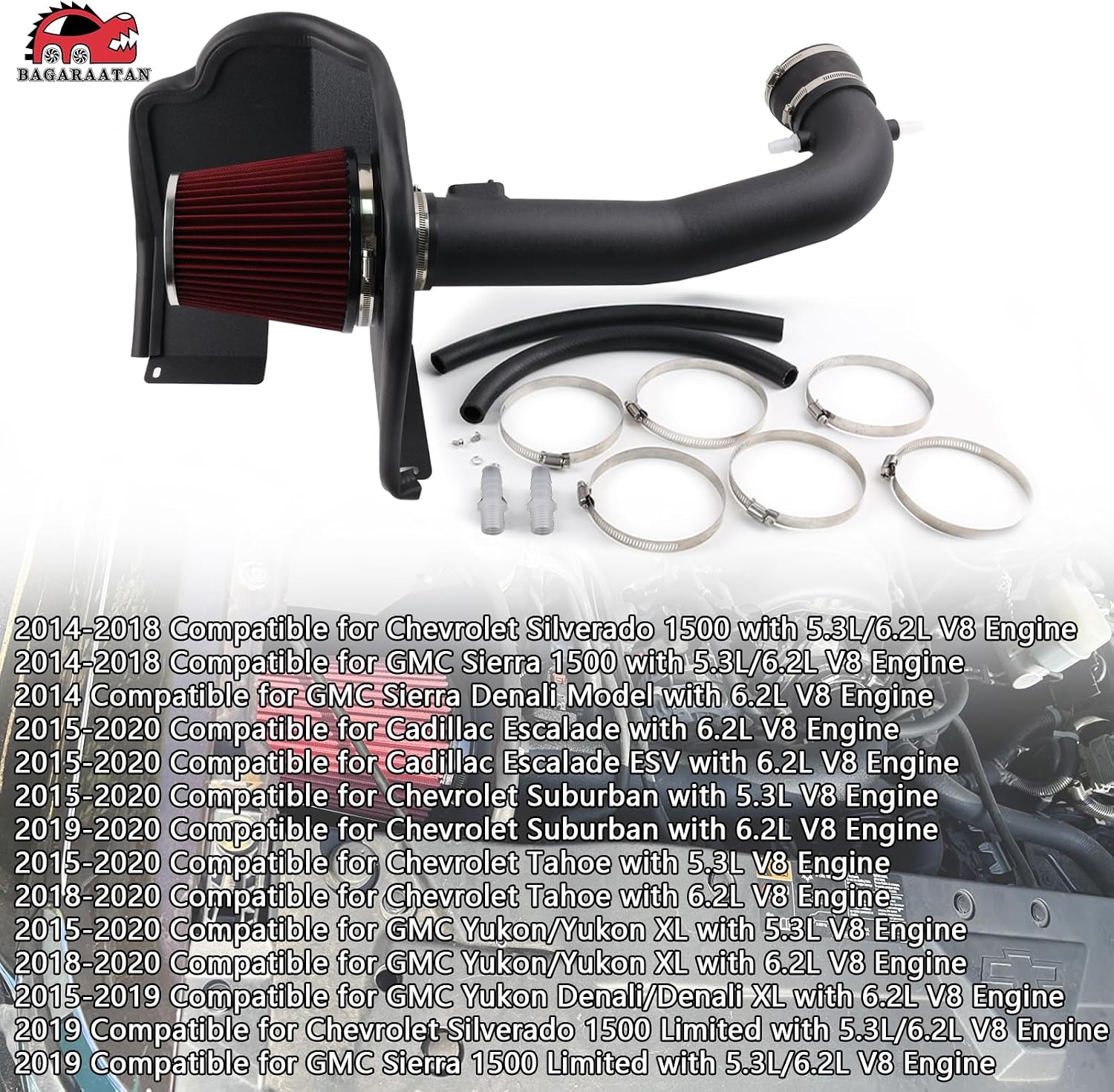 Cold Air Intake System & Heat Shield for 2014-2019 Chevy/GMC/Cadillac 5.3L 6.2L V8 (Silverado 1500, Suburban, Tahoe, Sierra 1500, Yukon, Yukon Denali, Escalade) Black