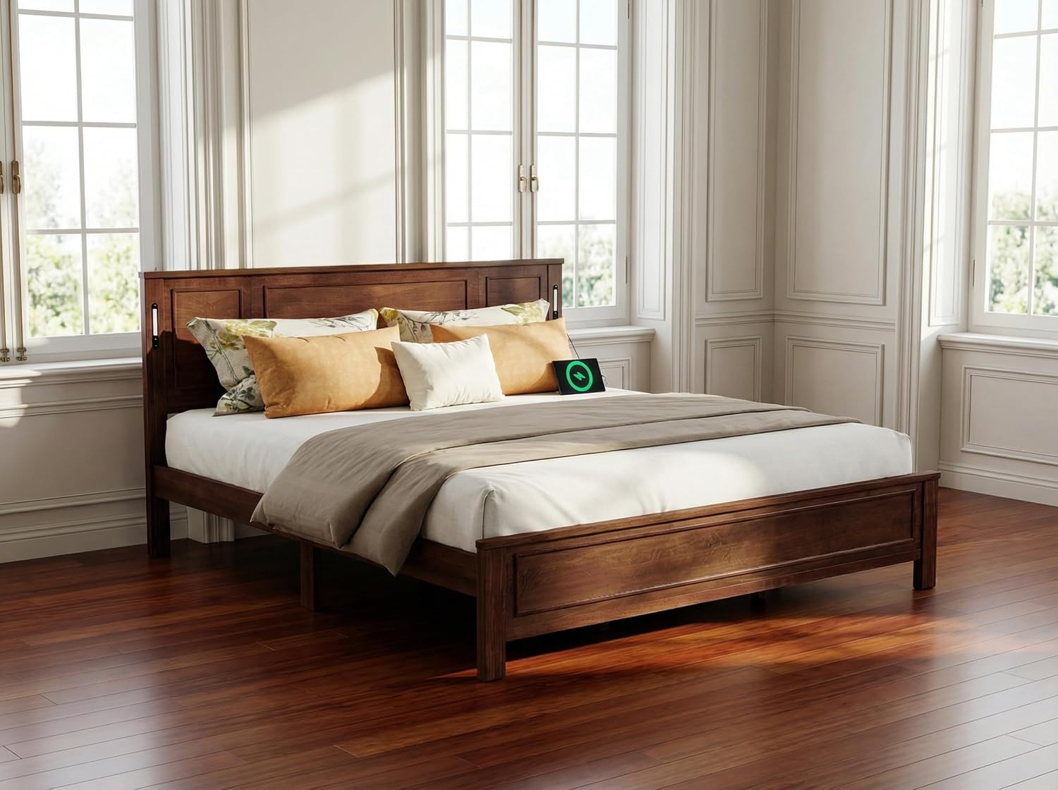 Wood King Size Bed Frame with Headboard - Heavy Duty Platform Bed with Built-in USB and LED, Noise-Free, No Box Spring Needed, Walnut Farmhouse Bedframe
