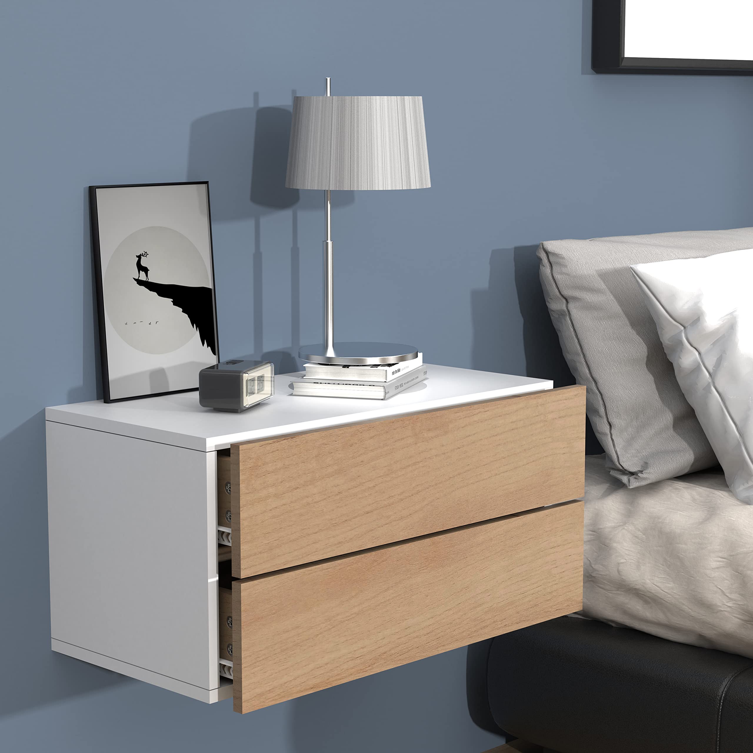 VCM Nachtschrank | Wandschublade | Wandboard | Nachttisch | Maße ca H. 30 x B. 60 x T. 32 cm - Usal L 60 cm Weiß/Honig-Eiche