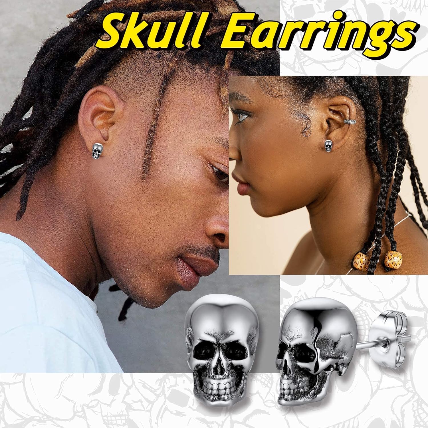 Bestyle Gothic Skull Earrings for Men, Punk Skeleton Biker Skull Hoops/Dangles/Studs in Stainless Steel/Gold/Black Tone, Cool Jewlery for Hip Hop Rapper Cocktail Party Halloween - Image 3