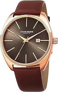 ساعة انالوج بمينا اسطوانية ذات تصميم اشعة الشمس وخاصية إظهار التاريخ وسوار من الجلد البني للرجال طراز AK945RGBR اكريبوس XXIV رمادي