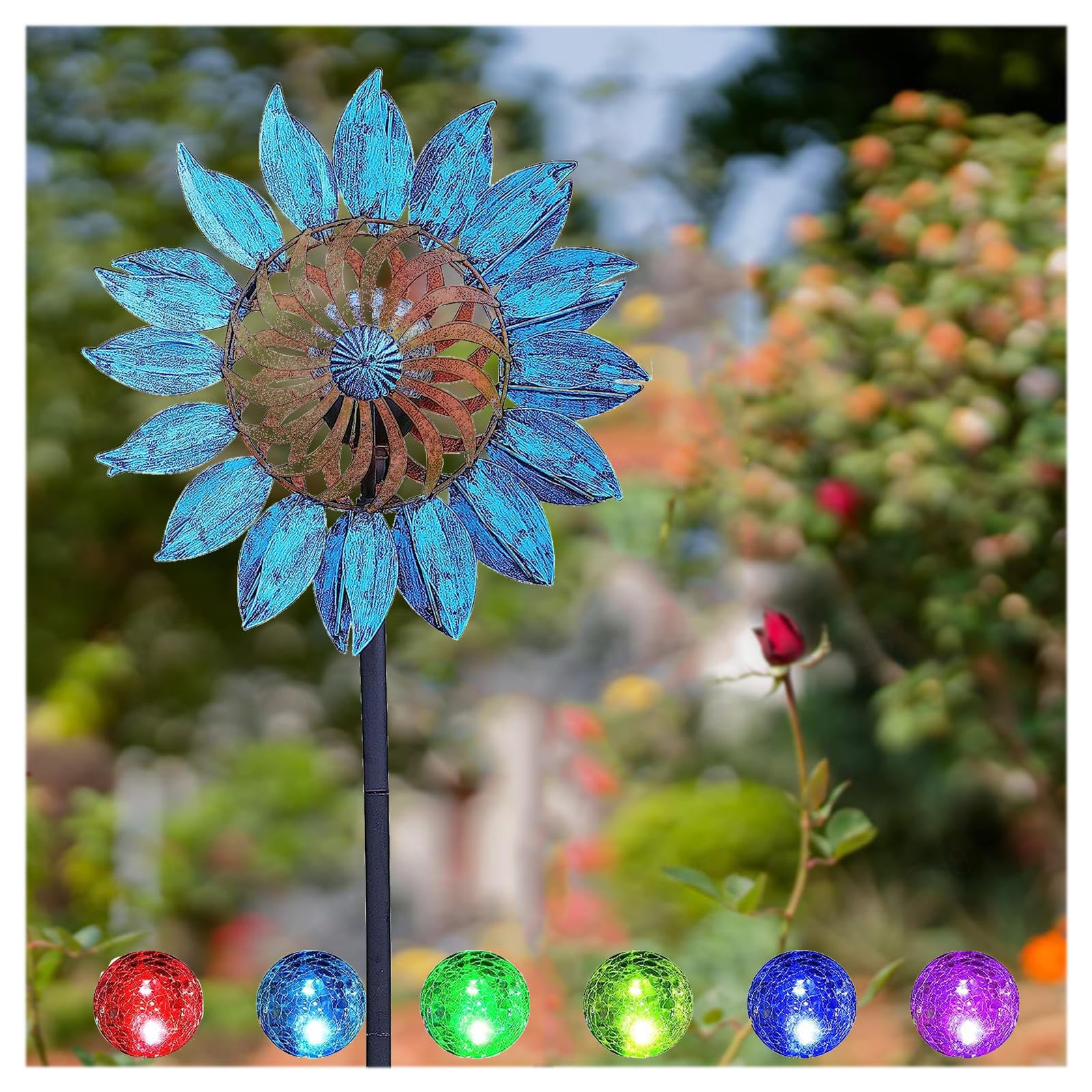 Rongyewxae Blue 84In Outdoor Wind Spinners For Yard And Garden, Outdoor Wind Spinner, Solar Powered Glass Ball With Kinetic Spinner